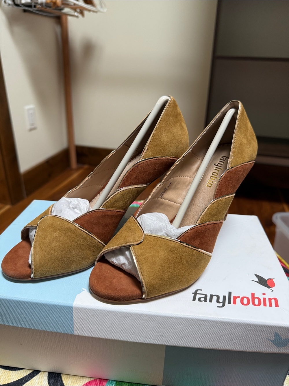 Farylrobin Two-Tone Suede Peep-Toe Heels in Mustard & Brown